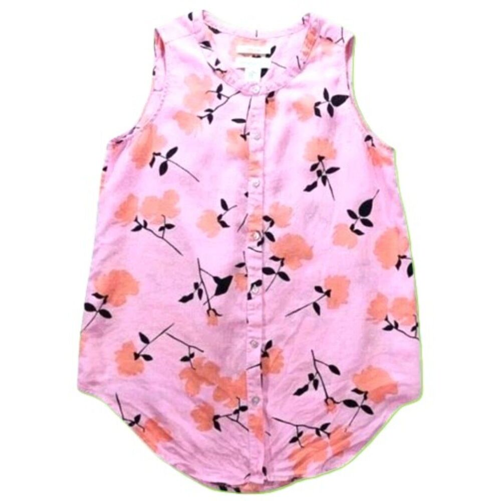 Cynthia Rowley Sleeveless Button Down Blouse XS Pink Orange Floral 100% Linen